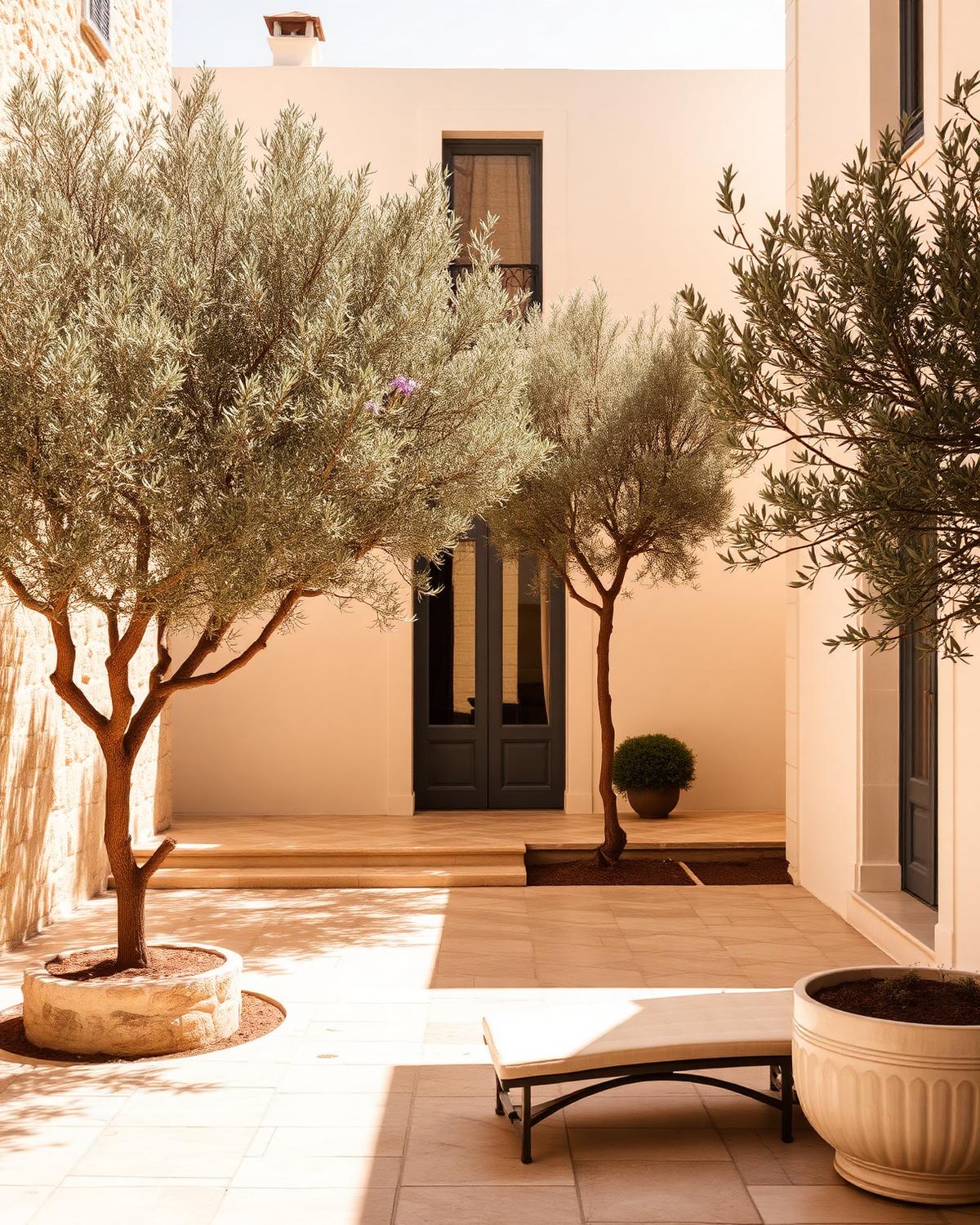 Olive trees in a sunlit Mediterranean villa courtyard